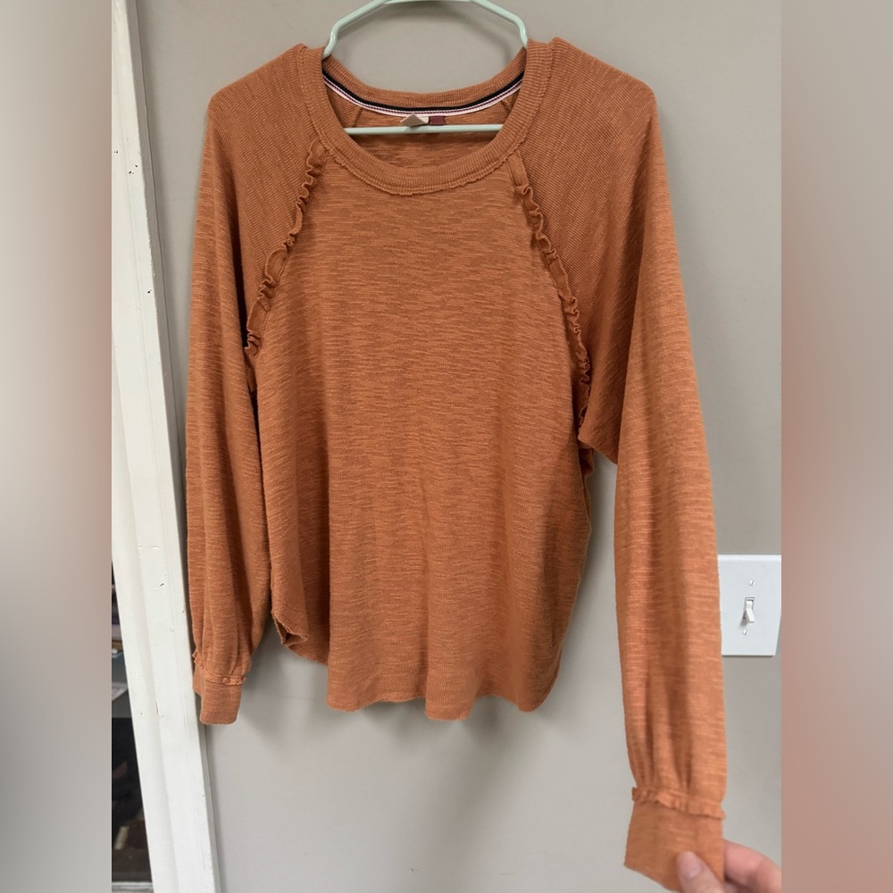 Anthropologie Pilcro Terracotta Long Sleeve Top with Ruffle Accents